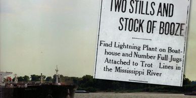 Vintage ad about boat stills and booze stock on the Mississippi River.