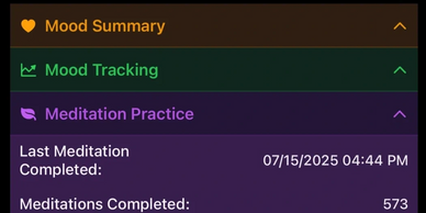 App showing meditation and mood tracking details with last meditation on July 15, 2025.