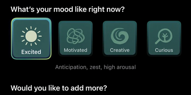 Mood check-in screen showing options like Excited, Motivated, Creative, and Curious.