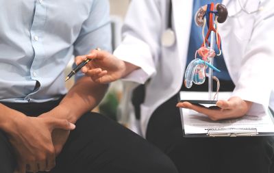 Doctor explaining male urinary system to patient using a 3D model.