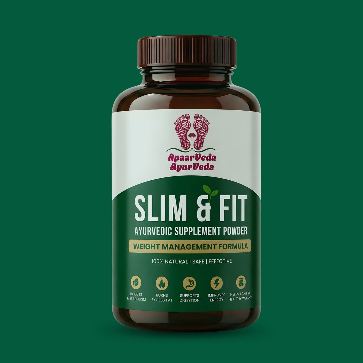 Bottle of Ayurvedic Slim &amp; Fit weight management supplement powder.