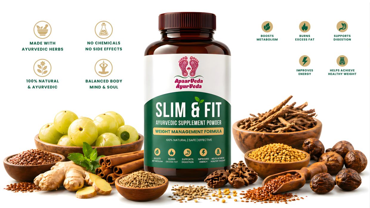 Slim &amp; Fit Ayurvedic supplement powder with natural ingredients for weight management.