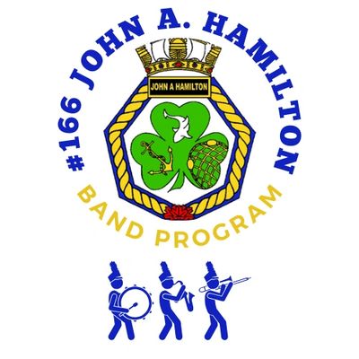 Logo of 166 John A. Hamilton Band Program with marching band silhouettes.