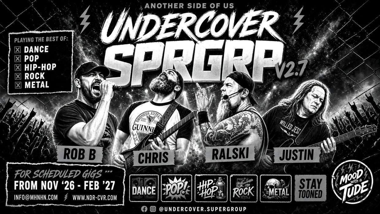 Black and white band poster for Undercover SPRGRP v2.7 with members Rob B, Chris, Ralski, and Justin.