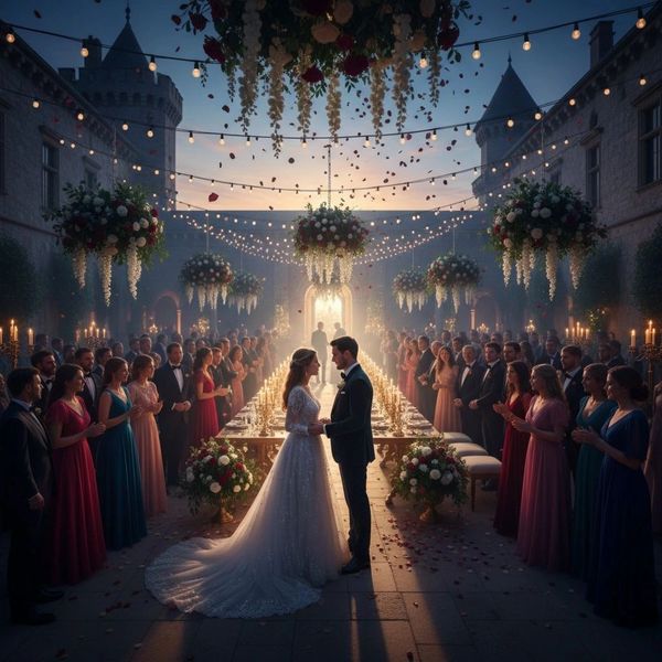A romantic wedding ceremony in a grand castle courtyard with elegant lighting and floral decorations.