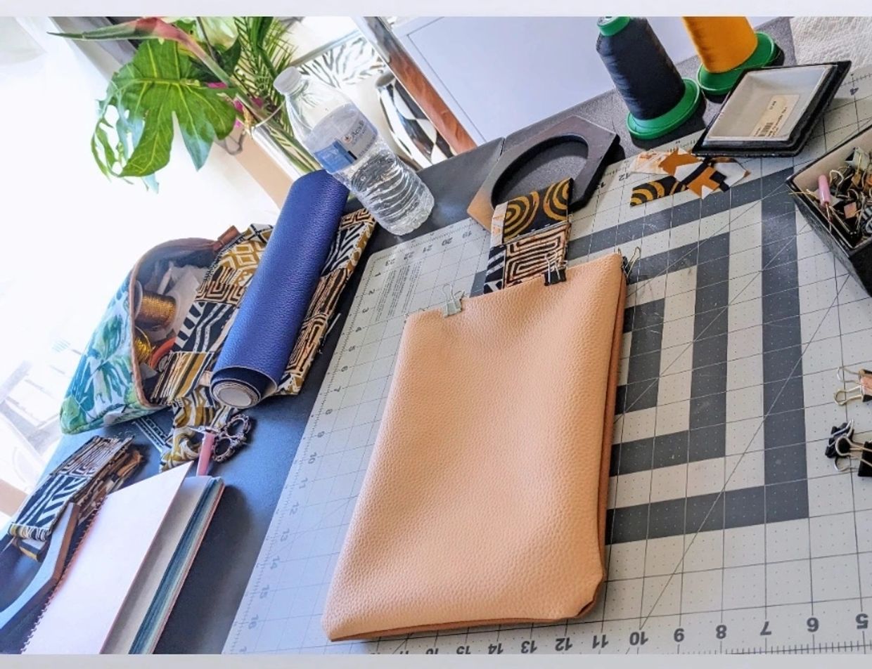 Behind the scenes photo of my sew studio with a custom bag in the making 