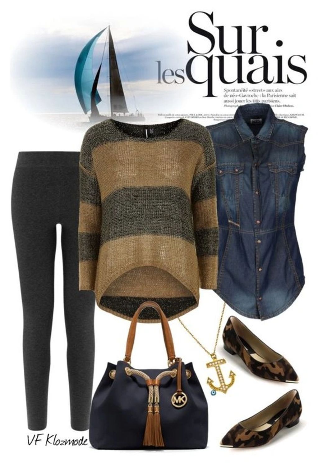 Charcoal leggings, high-low striped sweater, sleeveless denim shirt, camo ballet flats, tote.