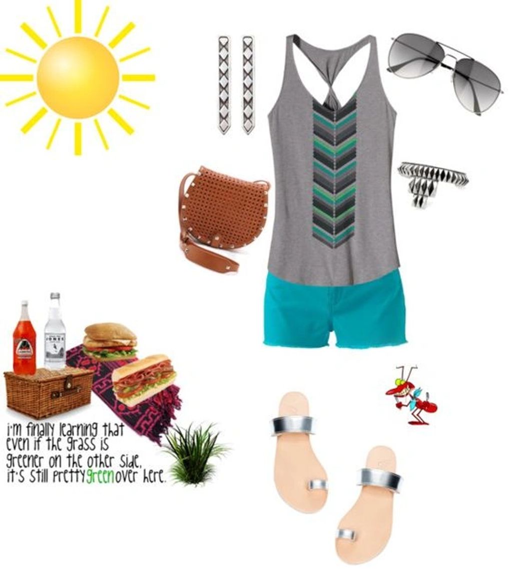 Turquoise frayed shorts, twist-back tank, textured crossbody, metallic toe sandals.