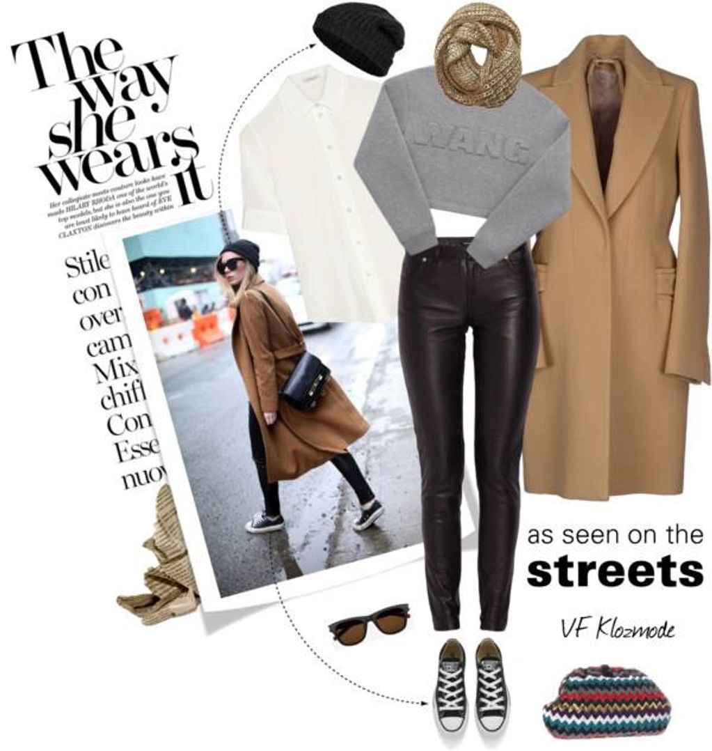 Leather pants, cropped graphic sweatshirt, infinity scarf, white blouse, beanie, wool coat, chucks.