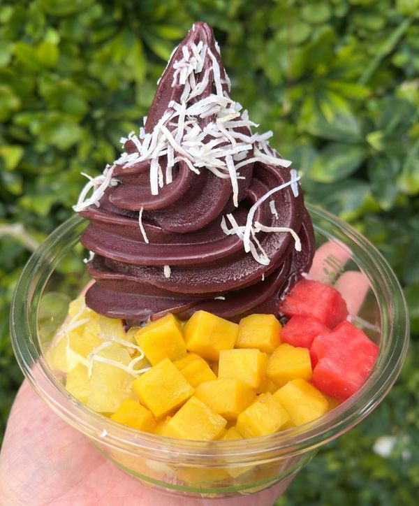 Chocolate soft serve with shredded coconut and mixed fruit cubes in a clear cup.