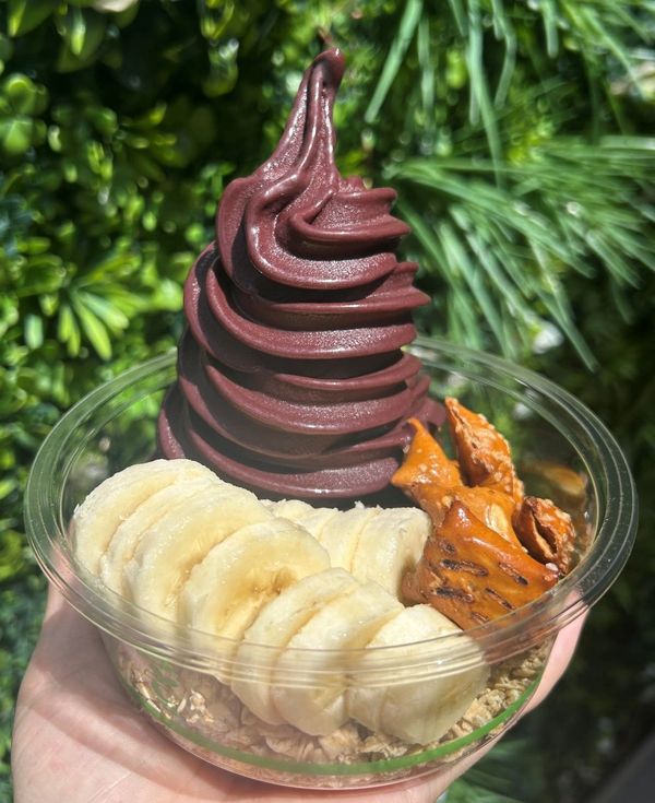 A bowl of chocolate soft serve with banana slices and granola.