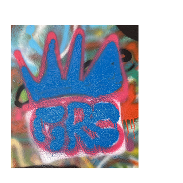 Blue crown and GRS graffiti with red outline on colorful wall.