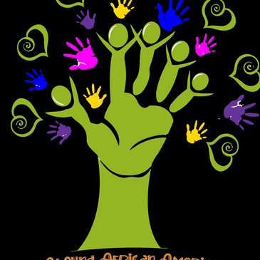 Colorful handprints and hearts forming a tree of life.
