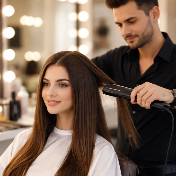 Woman getting her hair straightened at a salon by a stylist.