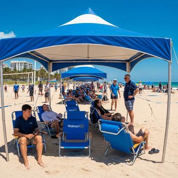 This family is having a beach party at Hollywood beach broadwalk on a holiday weekend. 