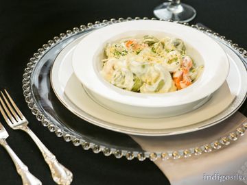 Cheese Tortellini Entrée for the Vegetarian guests at a Wedding at Brick Landing. 