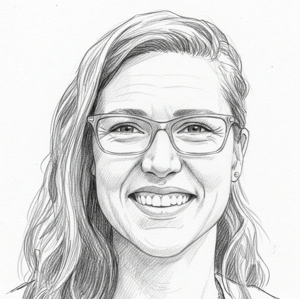 Pencil sketch of a smiling woman with glasses and long hair.