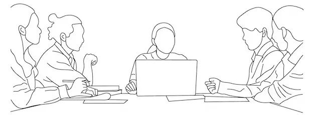 Line drawing of a group meeting with a laptop at the center.