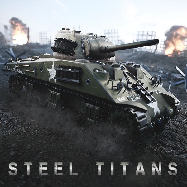 A military tank advances through a battlefield with explosions in the background.