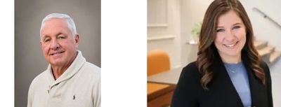 Portraits of a mature man and a smiling woman in professional settings.