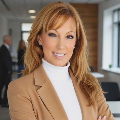 Professional woman in a beige blazer smiling confidently in a modern office.