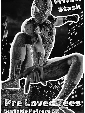 Black and white image of Spider-Man with text promoting pre-loved tees.