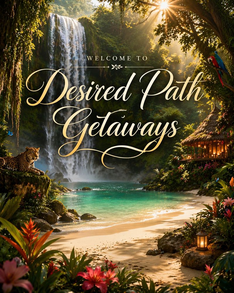 Tropical paradise with waterfall, exotic wildlife, and a cozy hut.