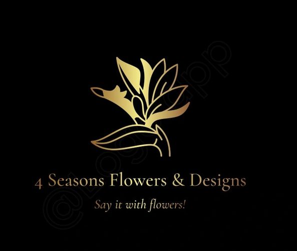 Elegant gold floral logo for 4 Seasons Flowers & Designs on black background.