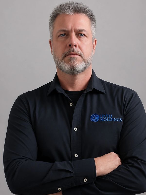 Serious man in black Livid Holdings shirt poses with arms crossed.