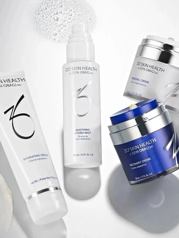 Zo Skin Health skincare products including hydrating cream and soothing hydro mist.