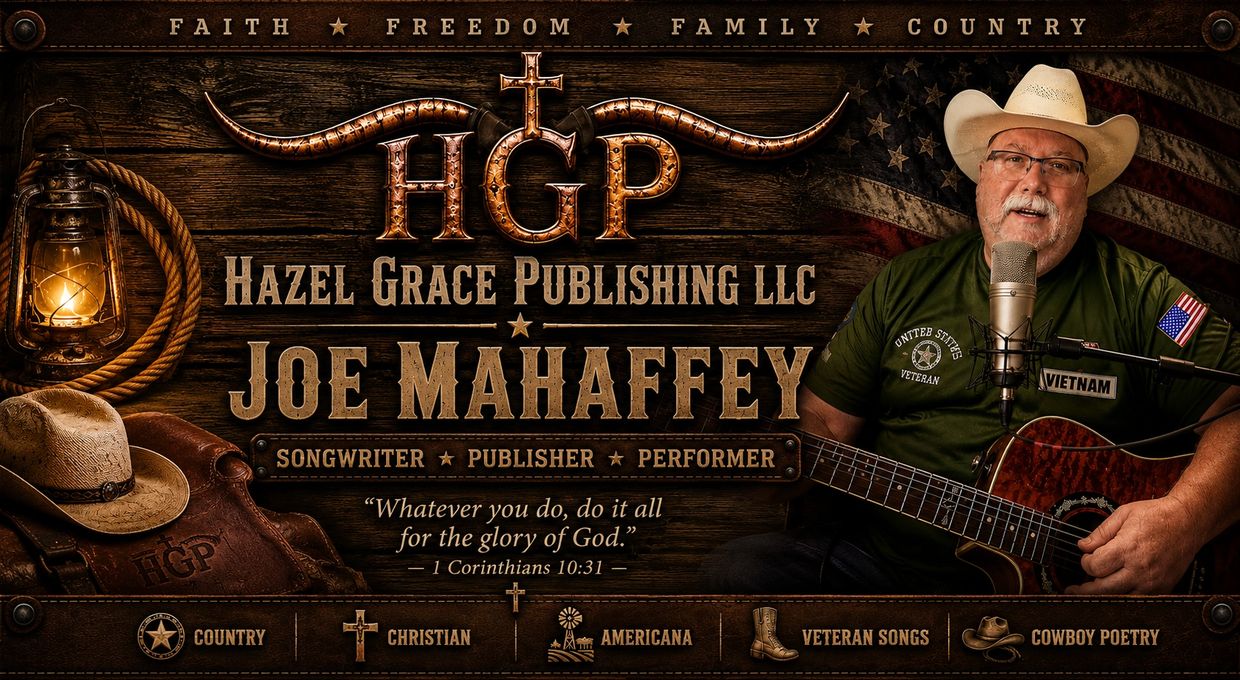 Joe Mahaffey, songwriter and performer, with a cowboy theme and patriotic background.