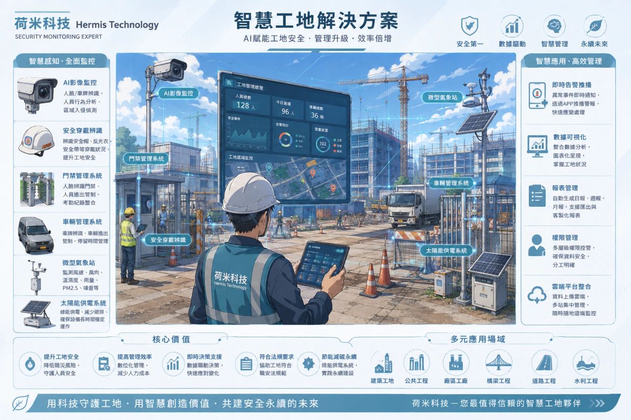 智慧工地解决方案示意图，展示AI监控与管理系统。