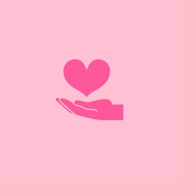 Pink hand holding a heart on a light pink background.
