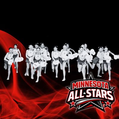Cheerleaders in white uniforms energetically running forward with Minnesota All Stars logo.