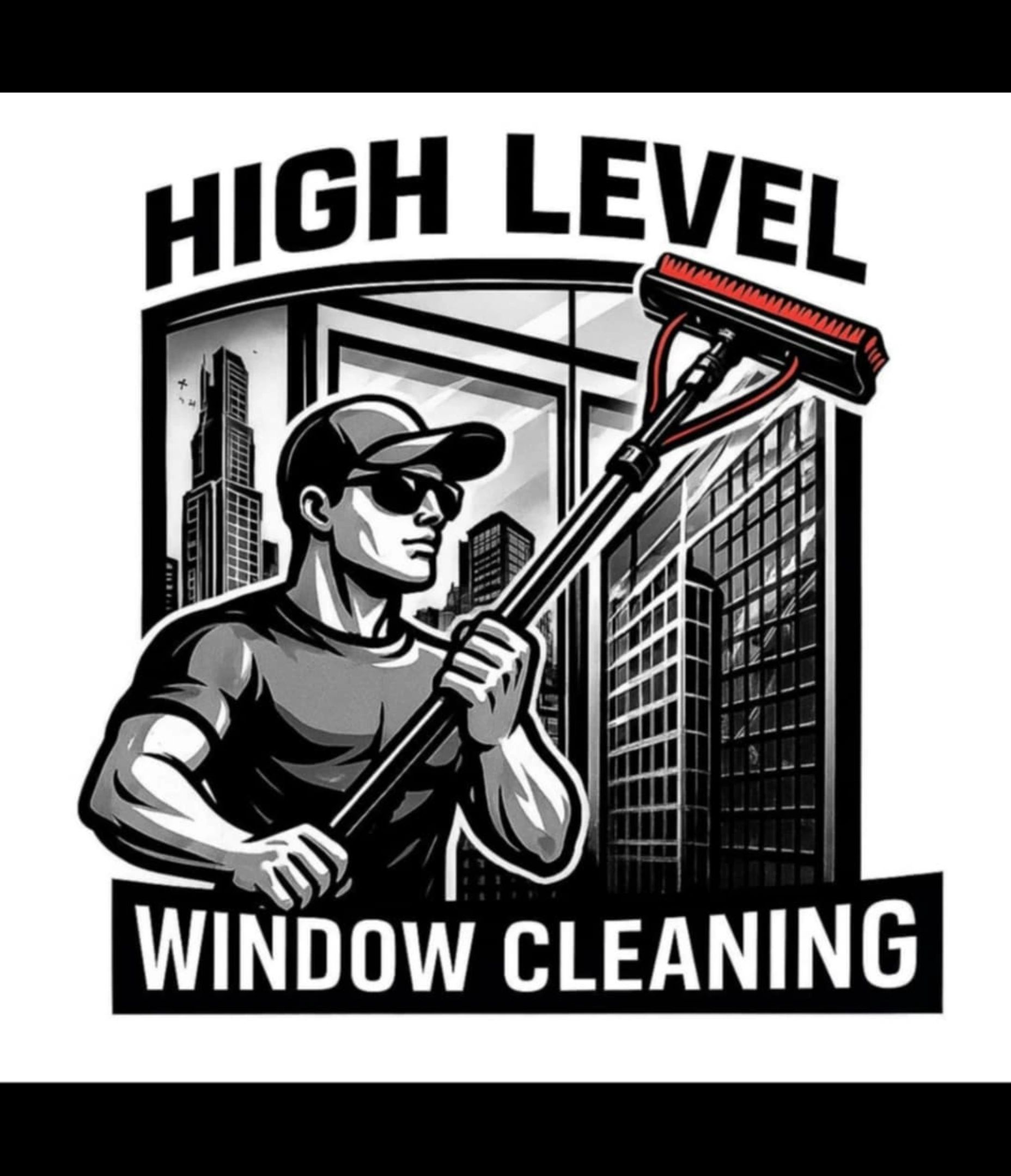Illustration of a strong man cleaning high-rise building windows.
