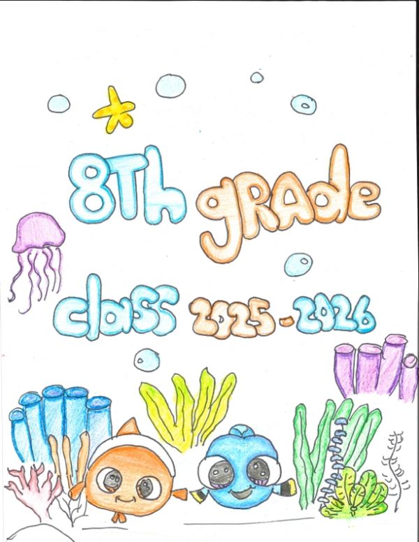 Colorful 8th grade class 2025-2026 drawing with ocean theme and cartoon fish.