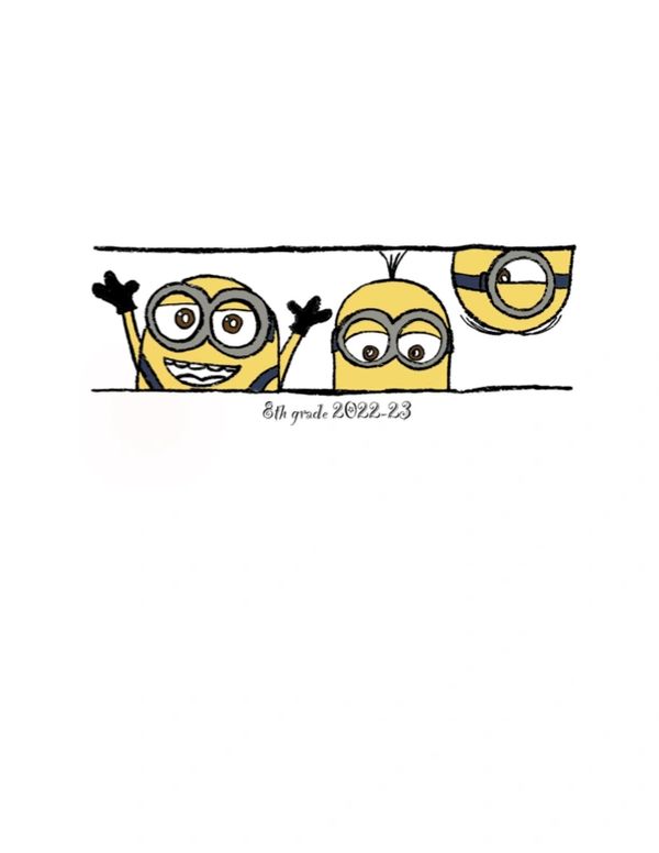 Three playful Minions peeking out, labeled '8th grade 2022-23'.
