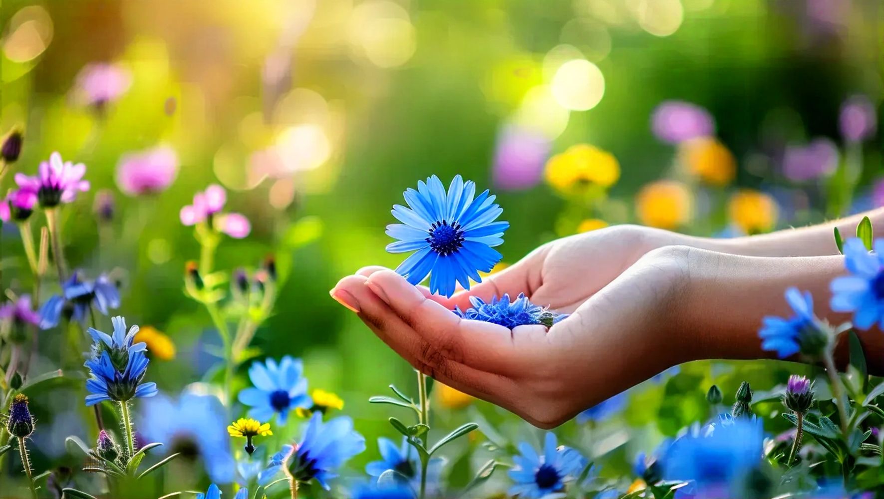A hand holding a blue flower in a lush garden / background softly blurred emphasizing mindfulness. 