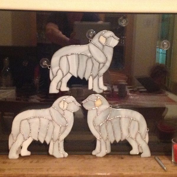 Private Commission done by Vetrate Art Showing Pyrenean Mountain Dogs or Great Pyrenees