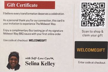 Gift certificate for Midwest Way BBQ sauce with code WELCOMEGIFT.