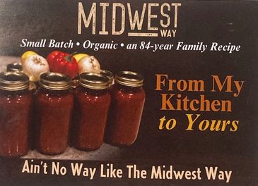 Jars of homemade sauce with Midwest Way branding.