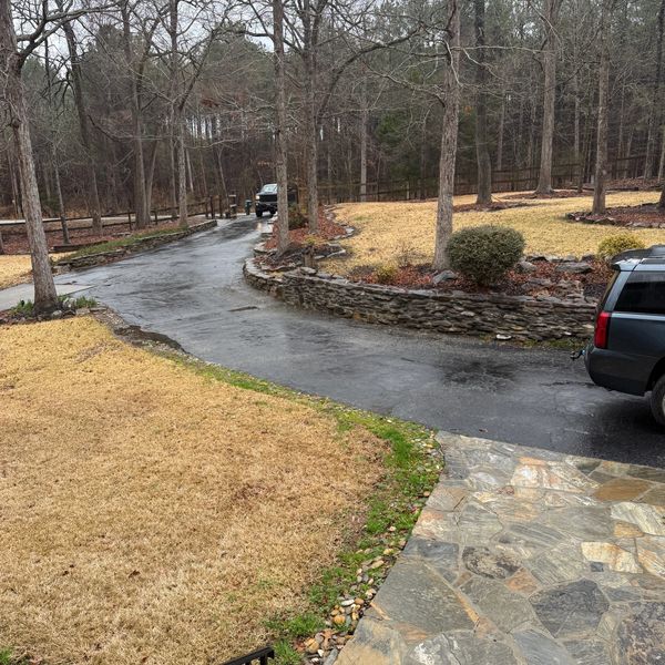 A winding driveway surrounded by leafless trees and dry grass on a cloudy day.