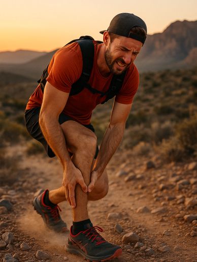 Man in hiking gear clutching his ankle in pain on a rocky trail.