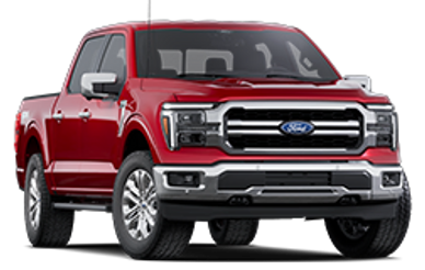 Red Ford pickup truck with chrome grille and rugged tires.