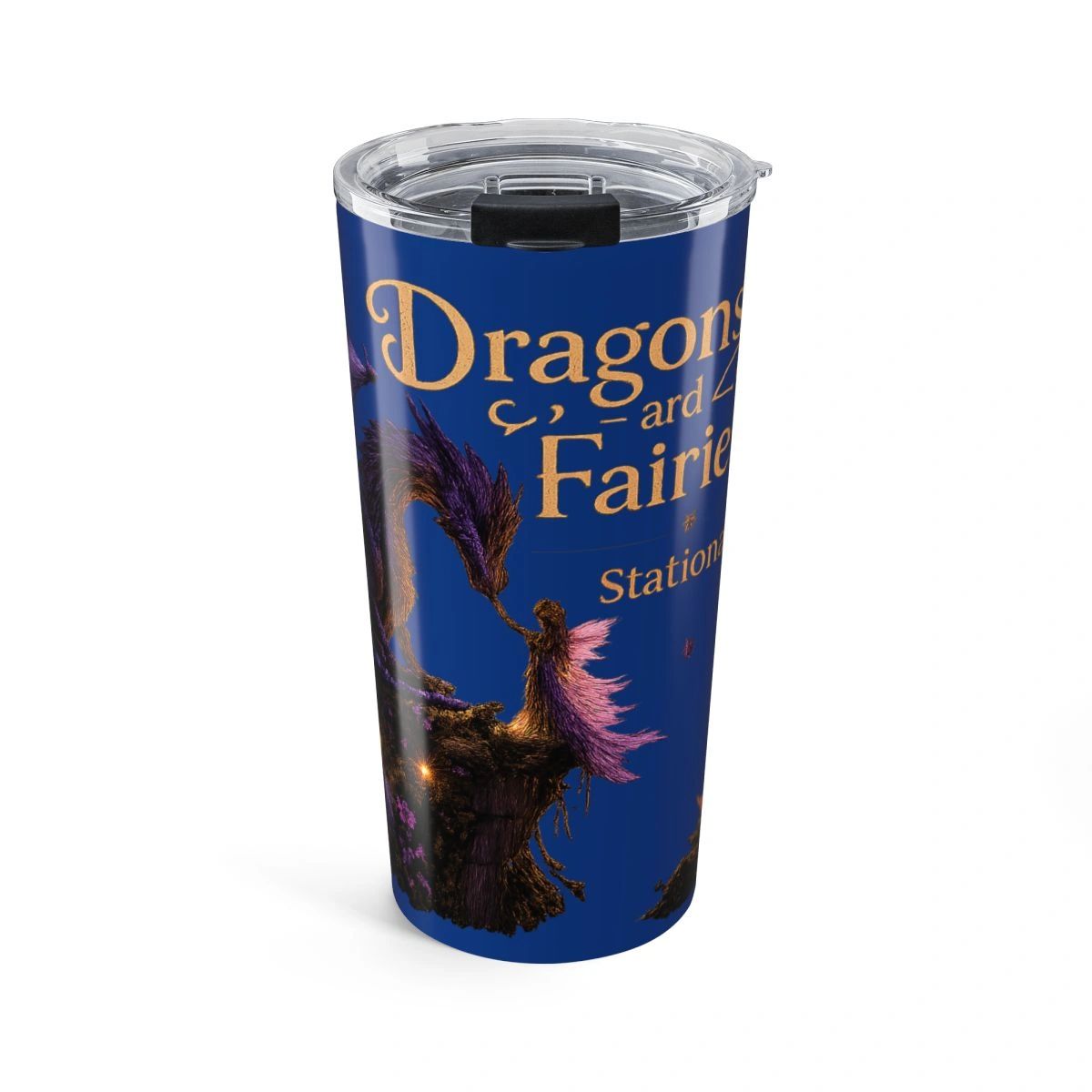 Blue tumbler with dragon and fairy artwork and gold text.