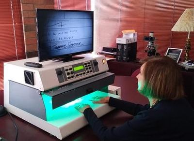 Video Spectral Comparator for forgery, additions, deletions, ink identification, and obliterations.