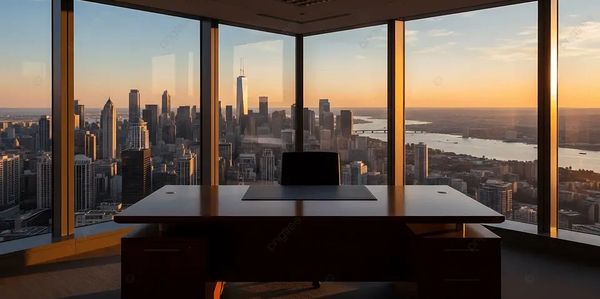 Office desk with a panoramic city skyline view at sunset.