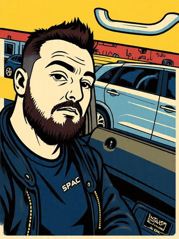 Stylized digital portrait of a bearded man inside a car with vibrant colors.