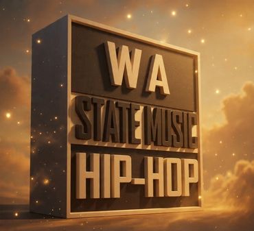 3D block with 'WA State Music Hip-Hop' text against a glowing sky.