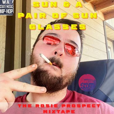 Man wearing reflective sunglasses smoking a cigarette and posing with a peace sign.